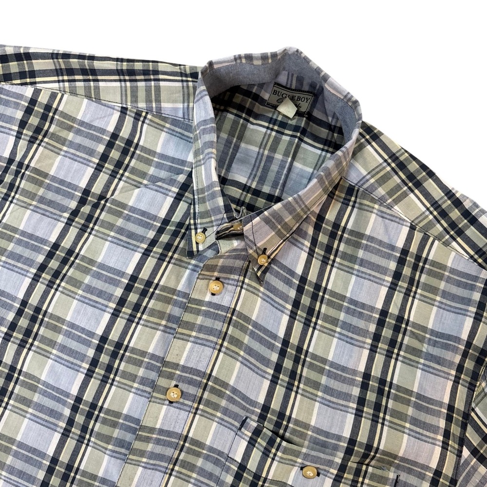 Bugle Boy Original Mens Large Short Sleeve Plaid Button Down Shirt Blue Green